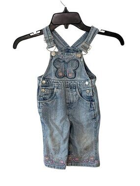 Faded Glory Infant Denim Overalls With Butterfly & Floral Embroidery 12 month